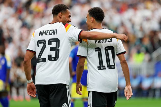 Jamal Musiala Germany celebrates after scoring his team s fourth goal with Felix Nmecha Germany during the FIFA World Cup 2026 Group E match between Germany and Curacao at Houston Stadium on June 14, 2026 in Houston, United States Photo by Torbjorn Tande DeFodi Images