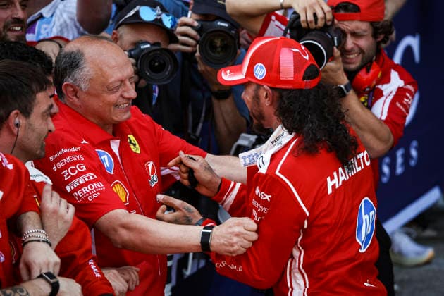 F1 - BARCELONA-CATALUNYA GRAND PRIX 2026 HAMILTON Lewis (gbr), Scuderia Ferrari SF-26, portrait celebration VASSEUR FrÃ dÃ ric (fra), Team Principal & General Manager of the Scuderia Ferrari, portrait during the Formula 1 Barcelona-Catalunya Grand Prix 2026, 7th round of the 2026 Formula One World Championship, WM, Weltmeisterschaft from June 12 to 14, 2026 on the Circuit de Barcelona-Catalunya, in Montmelo, Spain - MontmeloSpain  Copyright: xXavixBonillax