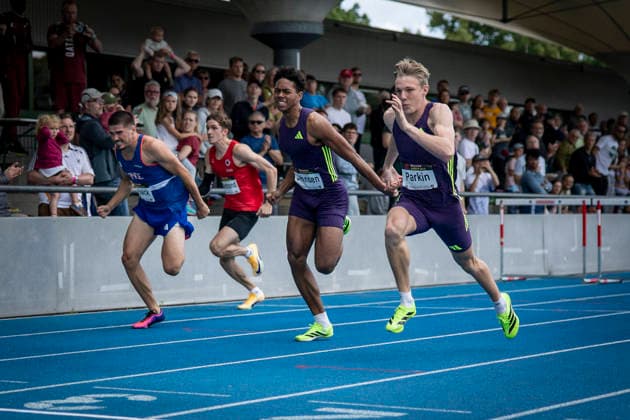 MANNHEIM, GERMANY - JUNE 14, 2026 : Anthony Johnsen (NOR Norway), Jayden Parkin (RSA South Africa) competing in the men’s 110m hurdles during the Juniorengala 2026 at Michael-Hoffmann-Stadion on June 14, 2026 in Mannheim, Germany. Baden-Wuerttemberg Germany Copyright: xAxelxKohringx