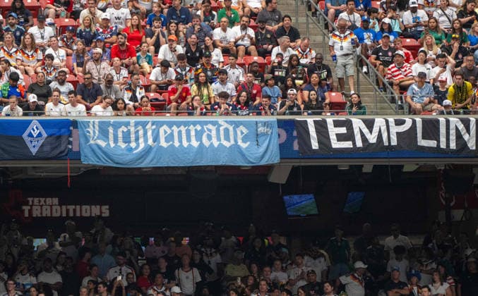Soccer, Men, FIFA World Cup 2026 in Mexico, Canada and USA, Match in Houston Group E, 1 Matchday , Germany Curacao, Fence flags from Waldhof Mannheim and from Berlin Lichtenrade and Templin, 14 06 2026, Copyright: xMatthiasxKochx
