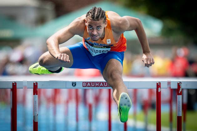 MANNHEIM, GERMANY - JUNE 14, 2026 : Eljahro Philipsen (NED Netherlands) competing in the men’s 110m hurdles during the Juniorengala 2026 at Michael-Hoffmann-Stadion on June 14, 2026 in Mannheim, Germany. Baden-Wuerttemberg Germany Copyright: xAxelxKohringx