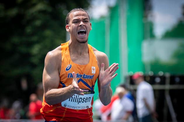 MANNHEIM, GERMANY - JUNE 14, 2026 : Eljahro Philipsen (NED Netherlands) reacts in the men’s 110m hurdles during the Juniorengala 2026 at Michael-Hoffmann-Stadion on June 14, 2026 in Mannheim, Germany. Baden-Wuerttemberg Germany Copyright: xAxelxKohringx