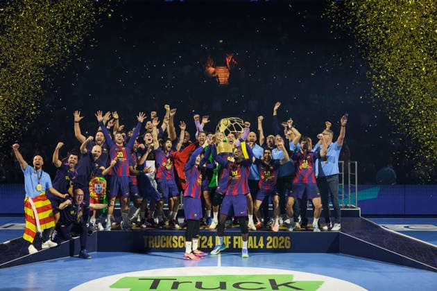 Award ceremony, Domen MAKUC FC Barcelona Barca, 35 and Dika MEM FC Barcelona Barca, 10 with the trophy, Ceremony, Cup, Trophy GER, FC Barcelona Barca vs Fuechse Berlin, Handball, TruckScout24 EHF FINAL4 2026, Final, Season 2025 2026, 14 06 2026, GER, FC Barcelona Barca vs Fuechse Berlin, Handball, TruckScout24 EHF FINAL4 2026, Final, Season 2025 2026, 14 06 2026, Cologne Copyright: xEibnerxPressefoto OliverxSchmidtx EP_OST