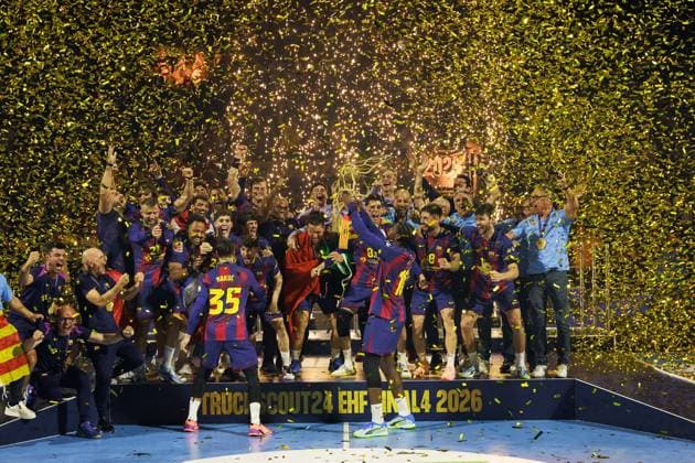 Award ceremony, Domen MAKUC FC Barcelona Barca, 35 and Dika MEM FC Barcelona Barca, 10 with the cup, ceremony, cup, trophy, jubilation, joy, passion, success, emotion, enthusiasm, positive emotions GER, FC Barcelona Barca vs Fuechse Berlin, Handball, TruckScout24 EHF FINAL4 2026, Final, Season 2025 2026, 14 06 2026, GER, FC Barcelona Barca vs Fuechse Berlin, Handball, TruckScout24 EHF FINAL4 2026, Final, Season 2025 2026, 14 06 2026, Cologne Copyright: xEibnerxPressefoto OliverxSchmidtx EP_OST