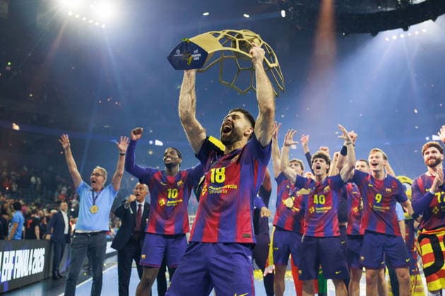 Blaz JANC FC Barcelona Barca, 18 with the cup, award ceremony Barca, Ceremony, Cup, Trophy, jubilation, joy, passion, success, emotion, enthusiasm, positive emotions GER, FC Barcelona Barca vs Fuechse Berlin, Handball, TruckScout24 EHF FINAL4 2026, Final, Season 2025 2026, 14 06 2026, GER, FC Barcelona Barca vs Fuechse Berlin, Handball, TruckScout24 EHF FINAL4 2026, Final, Season 2025 2026, 14 06 2026, Cologne Copyright: xEibnerxPressefoto OliverxSchmidtx EP_OST