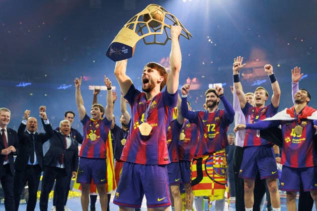 Daniel FERNANDEZ FC Barcelona Barca, 06 with the cup, award ceremony Barca, Ceremony, Cup, Trophy, jubilation, joy, passion, success, emotion, enthusiasm, positive emotions GER, FC Barcelona Barca vs Fuechse Berlin, Handball, TruckScout24 EHF FINAL4 2026, Final, Season 2025 2026, 14 06 2026, GER, FC Barcelona Barca vs Fuechse Berlin, Handball, TruckScout24 EHF FINAL4 2026, Final, Season 2025 2026, 14 06 2026, Cologne Copyright: xEibnerxPressefoto OliverxSchmidtx EP_OST