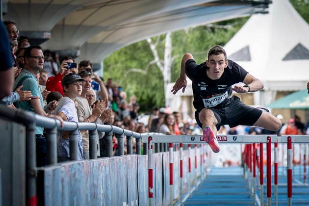 MANNHEIM, GERMANY - JUNE 14, 2026 : Sven Rymann (SUI Switzerland) competing in the men’s 110m hurdles during the Juniorengala 2026 at Michael-Hoffmann-Stadion on June 14, 2026 in Mannheim, Germany. Baden-Wuerttemberg Germany Copyright: xAxelxKohringx