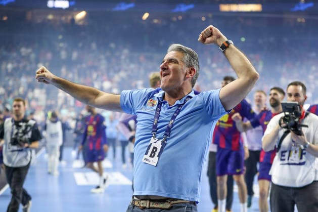 14 06 2026, xgox,Handball, EHF Champions League Final, FC Barcelona Fuechse Berlin v l Antonio Carlos Ortega Perez Barcelona, coach celebrating the victory, cheering after the end of the game Cologne