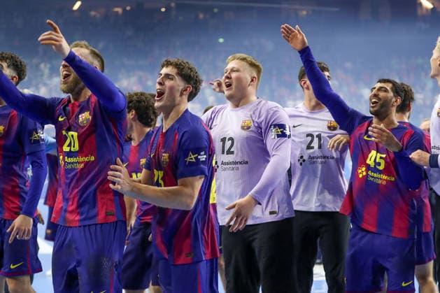 14 06 2026, xgox,Handball, EHF Champions League Final, FC Barcelona Fuechse Berlin v l Emil Nielsen Barcelona, 12 Celebrating the victory, cheering after the end of the match Cologne