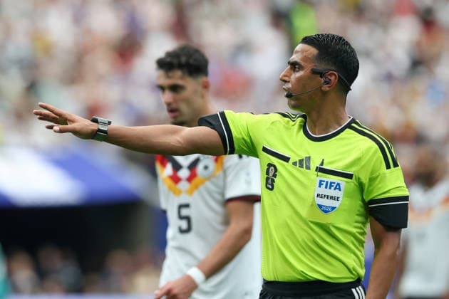 HOUSTON, TX - JUNE 14: Referee Jalal Jayed calls for a penalty kick during the FIFA World Cup, WM, Weltmeisterschaft, Fussball 2026 Group E match between Germany and Curacao on June 14, 2026, at Houston Stadium in Houston, Texas. (Photo by David Buono Icon Sportswire) SOCCER: JUN 14 FIFA World Cup 26 Group E - Germany vs Curacao EDITORIAL USE ONLY Icon260614032