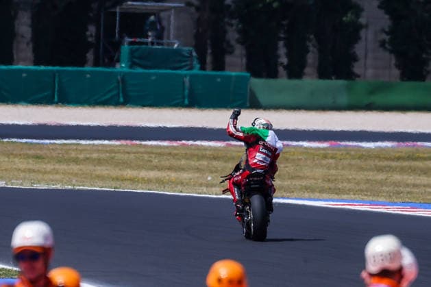 June 14, 2026, Misano Adriatico, Rimini, Italy: Nicolo Bulega of Aruba.it Racing - Ducati with Ducati Panigale V4R celebrate the victory in Superpole Race during FIM SBK Superbike World Championship, WM, Weltmeisterschaft Pirelli Emilia-Romagna Round 7 - Superpole Race at Misano World Circuit Marco Simoncelli in Misano Adriatico, Italy Misano Adriatico Italy - ZUMAs197 20260614_aaa_s197_130 Copyright: xFabrizioxCarabellix