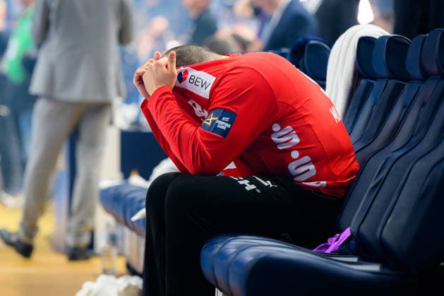 Cologne, Germany Handball EHF CL Final 4 Final Barca Fuechse Berlin Goalkeeper Dejan Milosavljev Berlin dissatisfied disappointed dejected frustrated, Cologne Lanxess Arena North Rhine-Westphalia Germany