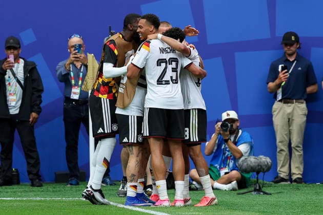 Nathaniel Brown Germany celebrates after scoring his team s fifth goal with teammates during the FIFA World Cup 2026 Group E match between Germany and Curacao at Houston Stadium on June 14, 2026 in Houston, United States Photo by Torbjorn Tande DeFodi Images