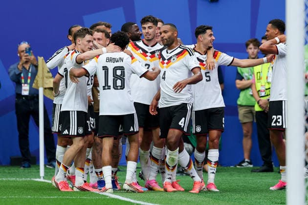 Nathaniel Brown Germany celebrates after scoring his team s fifth goal with teammates during the FIFA World Cup 2026 Group E match between Germany and Curacao at Houston Stadium on June 14, 2026 in Houston, United States Photo by Torbjorn Tande DeFodi Images