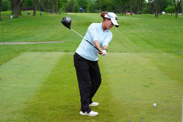 MIDLAND, MI - JUNE 14: LPGA, Golf Damen golfer Gina Kim plays her tee shot on the 10th hole on June 14, 2026, during the final round of the LPGA Dow Championship at Midland Country Club in Midland, Michigan. (Photo by Brian Spurlock Icon Sportswire) GOLF: JUN 14 LPGA Dow Championship EDITORIAL USE ONLY Icon26061440