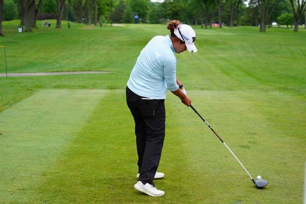 MIDLAND, MI - JUNE 14: LPGA, Golf Damen golfer Gina Kim plays her tee shot on the 10th hole on June 14, 2026, during the final round of the LPGA Dow Championship at Midland Country Club in Midland, Michigan. (Photo by Brian Spurlock Icon Sportswire) GOLF: JUN 14 LPGA Dow Championship EDITORIAL USE ONLY Icon26061442