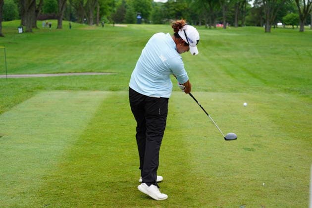 MIDLAND, MI - JUNE 14: LPGA, Golf Damen golfer Gina Kim plays her tee shot on the 10th hole on June 14, 2026, during the final round of the LPGA Dow Championship at Midland Country Club in Midland, Michigan. (Photo by Brian Spurlock Icon Sportswire) GOLF: JUN 14 LPGA Dow Championship EDITORIAL USE ONLY Icon26061443