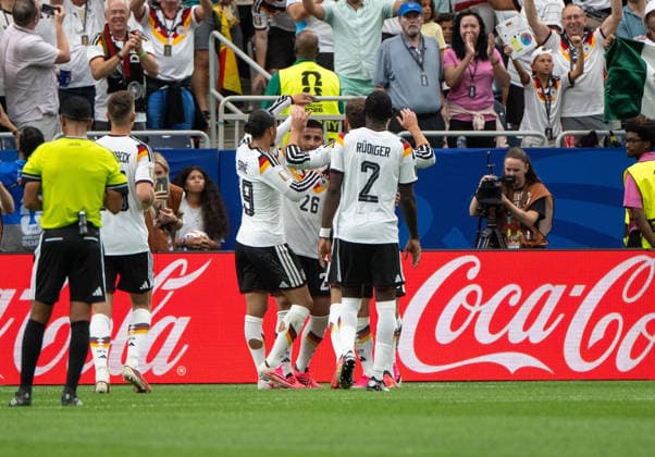 Soccer, Men, FIFA World Cup 2026 in Mexico, Canada and USA, Match in Houston Group E, Matchday 1 , Germany Curacao, f l Nico Schlotterbeck Germany , Leroy Sane Germany , Deniz Undav Germany , Antonio Rüdiger Germany , Cheering after scoring 6 1, 14 06 2026, Copyright: xMatthiasxKochx