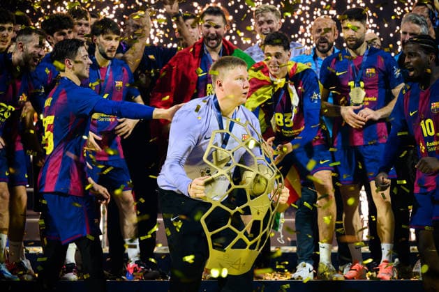 Cologne, Germany Handball EHF CL Final 4 Final Barca Fuechse Berlin Emil Nielsen Barcelona with the cup Cologne Lanxess Arena North Rhine-Westphalia Germany
