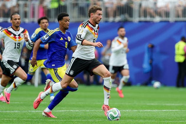 Leon Goretzka Germany and Livano Comenecia Curacao battle for the ball during the FIFA World Cup 2026 Group E match between Germany and Curacao at Houston Stadium on June 14, 2026 in Houston, United States Photo by Torbjorn Tande DeFodi Images