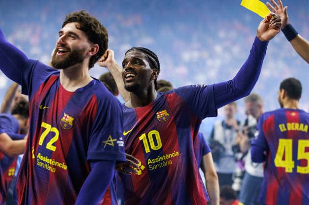 Dika MEM FC Barcelona Barca, 10 Barca players celebrate the Champions League victory, jubilation, joy, passion, success, emotion, enthusiasm, positive emotions GER, FC Barcelona Barca vs Fuechse Berlin, handball, TruckScout24 EHF FINAL4 2026, final, season 2025 2026, 14 06 2026, GER, FC Barcelona Barca vs Fuechse Berlin, handball, TruckScout24 EHF FINAL4 2026, final, season 2025 2026, 14 06 2026, Cologne Copyright: xEibnerxPressefoto OliverxSchmidtx EP_OST