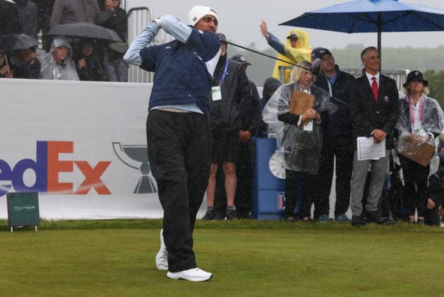 June 14, 2026: Sudarshan Yellamaraju of Canada tees off in the rain during the final round of the RBC Canadian Open held at TPC Toronto at Osprey Valley in Caledon Ontario, Canada. CSM PGA, Golf Herren 2026: RBC Canadian Open Jun 14  - ZUMAc04_ 20260614_zma_c04_020 Copyright: xDanielxLeax