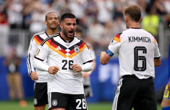 Soccer FIFA World Cup 2026 preliminary round group E in Houston Germany Curacao 14 06 2026 Germany celebrating after the goal to 6 1, from left, goal scorer Deniz Undav with Joshua Kimmich