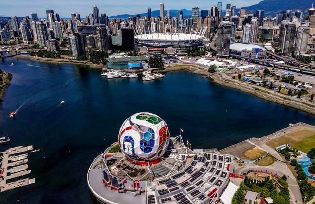 Science World dome in Vancouver transformed into 2026 FIFA World Cup, WM, Weltmeisterschaft, Fussball official match ball VANCOUVER, CANADA - JUNE 14: An aerial view of the iconic geodesic dome of Science World, originally built as the Expo Centre for Expo 86, transformed into the design of the Adidas Trionda, the official match ball of the 2026 FIFA World Cup, using 131 custom-designed panels to celebrate the arrival of the tournament in Vancouver, British Columbia, Canada on June 14, 2026. Lokman Vural Elibol Anadolu Vancouver Canada. Editorial use only. Please get in touch for any other usage.  Copyright: x2026xAnadoluxLokmanxVuralxElibolx