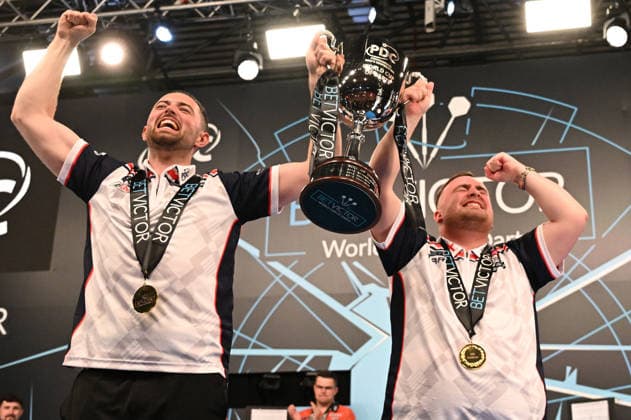 14 06 2026, xhbx, Dart World Cup of Darts 2026, v l Luke Humphries England , Luke Littler England Award Ceremony, Cup DFL DFB REGULATIONS PROHIBIT ANY USE OF PHOTOGRAPHS as IMAGE SEQUENCES and or QUASI VIDEO Frankfurt