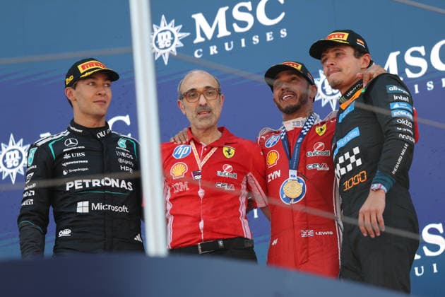 The podium for the Barcelona Catalunya Grand Prix, the seventh round of the 2026 Formula 1 World Championship, which took place on June 14, 2026, at the Circuit de Barcelona Catalunya in Spain ESP First 44 Lewis Hamilton GBR Scuderia Ferrari HP ITA Ferrari SF 26 Second 63 George Russell GBR Mercedes AMG PETRONAS Formula One Team DEU Mercedes AMG F1 W17 E Performance Third 1 Lando Norris GBR McLaren Mastercard F1 Team GBR MCL40A Mercedes Photo by Philippe Nanchino Eurasia Sport Images Barcelona Circuit de Barcelona Catalunya Spain Copyright: x x2026xEurasiaxSportxImagesx jp-en-EuSpIm-MPS_PPN_GP_F1_Barcelona_14Jun2026_BC096