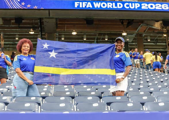 HOUSTON, TX - JUNE 14: Curacao fans hold up a flag during the FIFA World Cup, WM, Weltmeisterschaft, Fussball 2026 Group E match between Germany and Curacao on June 14, 2026 at Houston Stadium in Houston, Texas. (Photo by Leslie Plaza Johnson Icon Sportswire) SOCCER: JUN 14 FIFA World Cup 26 Group E - Germany vs Curacao EDITORIAL USE ONLY Icon260614042
