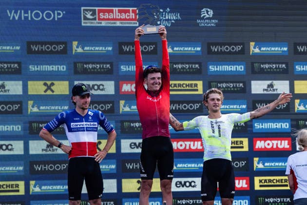 MOUNTAINBIKE - UCI MTB World Series LEOGANG,AUSTRIA,14.JUN.26 - CYCLING, MOUNTAIN BIKE - UCI Mountainbike World Cup, Cross-Country Olympic. Image shows Luca Martin (FRA), Adrien Boichis (FRA) and Riley Amos (USA).  GEPAxpictures xJulioxArellano