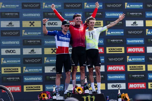 MOUNTAINBIKE - UCI MTB World Series LEOGANG,AUSTRIA,14.JUN.26 - CYCLING, MOUNTAIN BIKE - UCI Mountainbike World Cup, Cross-Country Olympic. Image shows Luca Martin (FRA), Adrien Boichis (FRA) and Riley Amos (USA).  GEPAxpictures xJulioxArellano