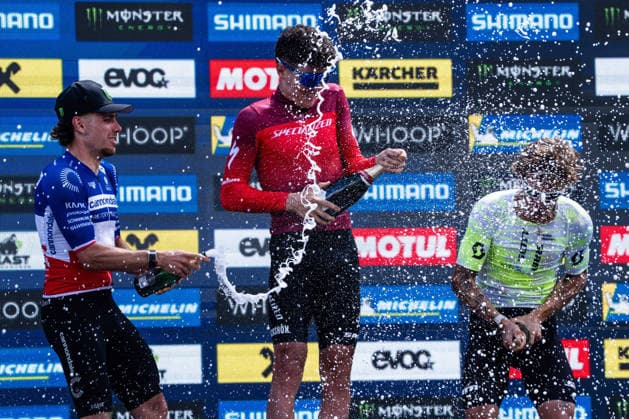 MOUNTAINBIKE - UCI MTB World Series LEOGANG,AUSTRIA,14.JUN.26 - CYCLING, MOUNTAIN BIKE - UCI Mountainbike World Cup, Cross-Country Olympic. Image shows Luca Martin (FRA), Adrien Boichis (FRA) and Riley Amos (USA).  GEPAxpictures xJulioxArellano