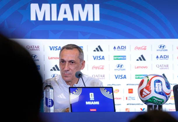 FIFA World Cup, WM, Weltmeisterschaft, Fussball 2026 - Saudi Arabia press conference, PK, Pressekonferenz Saudi Arabia s head coach Georgios Donis listens during a press conference in Miami, Florida, USA, 14 June 2026. MIAMI FLORIDA United States  Copyright: xCRISTOBALxHERRERA-ULASHKEVICHx