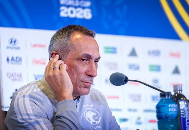 FIFA World Cup, WM, Weltmeisterschaft, Fussball 2026 - Saudi Arabia press conference, PK, Pressekonferenz Saudi Arabia s head coach Georgios Donis listens during a press conference in Miami, Florida, USA, 14 June 2026. MIAMI FLORIDA United States  Copyright: xCRISTOBALxHERRERA-ULASHKEVICHx