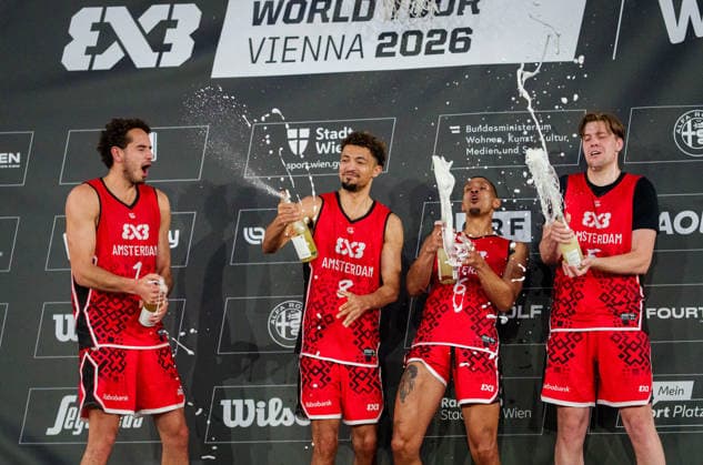BASKETBALL - FIBA 3x3 World Tour VIENNA,AUSTRIA,14.JUN.26 - BASKETBALL - FIBA 3x3 World Tour. Image shows the team of NED during champagne shower.  GEPAxpictures xEdgarxEisner