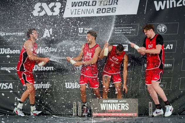 BASKETBALL - FIBA 3x3 World Tour VIENNA,AUSTRIA,14.JUN.26 - BASKETBALL - FIBA 3x3 World Tour. Image shows the team of NED during champagne shower.  GEPAxpictures xEdgarxEisner