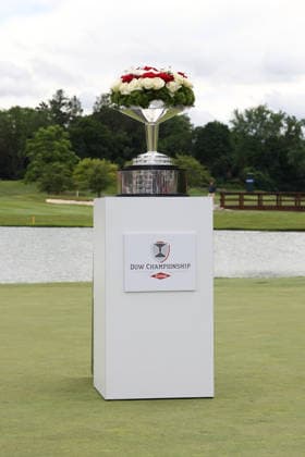 Dow Championship MIDLAND, MICHIGAN - JUNE 14: The Winner™s trophy is displayed on the 18th green during the final round of the Dow Championship at Midland Country Club in Midland, Michigan, USA on Sunday, June 14, 2026. Midland Michigan United States  Copyright: xJorgexLemusx originalFilename:lemus-dowchamp260614_nppfy.jpg