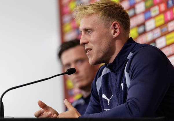 SOCCER - FIFA World Cup, WM, Weltmeisterschaft, Fussball 2026, preview SANTA BARBARA,CALIFORNIA,USA,14.JUN.26 - SOCCER - FIFA World Cup 2026, USA, Mexico, Canada, preview, OEFB, Oesterreichischer Fussball-Bund, press conference, PK, Pressekonferenz team AUT. Image shows Michael Gregoritsch and Xaver Schlager (AUT).  GEPAxpictures xArminxRauthner