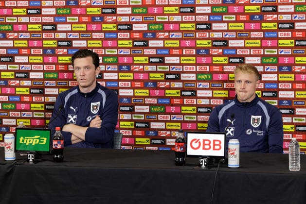 SOCCER - FIFA World Cup, WM, Weltmeisterschaft, Fussball 2026, preview SANTA BARBARA,CALIFORNIA,USA,14.JUN.26 - SOCCER - FIFA World Cup 2026, USA, Mexico, Canada, preview, OEFB, Oesterreichischer Fussball-Bund, press conference, PK, Pressekonferenz team AUT. Image shows Michael Gregoritsch and Xaver Schlager (AUT).  GEPAxpictures xArminxRauthner