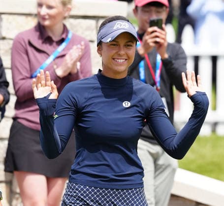 MIDLAND, MI - JUNE 14: LPGA, Golf Damen golfer Yana Wilson reacts after being introduced at the trophy ceremony on June 14, 2026, after winning the LPGA Dow Championship at Midland Country Club in Midland, Michigan. (Photo by Brian Spurlock Icon Sportswire) GOLF: JUN 14 LPGA Dow Championship EDITORIAL USE ONLY Icon26061481