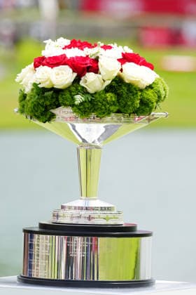MIDLAND, MI - JUNE 14: The trophy is on display during the trophy ceremony on June 14, 2026, at the LPGA, Golf Damen Dow Championship at Midland Country Club in Midland, Michigan. (Photo by Brian Spurlock Icon Sportswire) GOLF: JUN 14 LPGA Dow Championship EDITORIAL USE ONLY Icon26061497