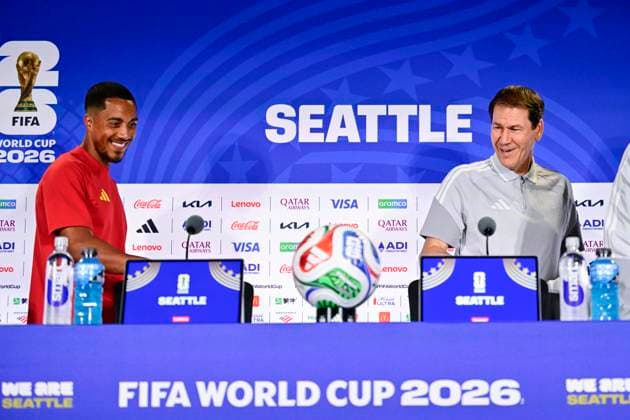 Belgian national football team - 2026 FIFA World Cup, WM, Weltmeisterschaft, Fussball - media activities 14 06 2026 SEATTLE, UNITED STATES OF AMERICA - JUNE 14 : Tielemans Youri midfielder of Belgium, Garcia Rudi head coach of Belgium pictured during a press conference, PK, Pressekonferenz at the Lumen Field Stadium prior to the Belgium vs Egypt match during the 2026 FIFA World Cup on June 14, 2026 in Seattle, United States of America, 14 06 2026 Seattle United States of America  Copyright: xJanxDexMeuleneirx