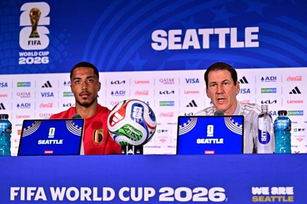 Belgium s Youri Tielemans and Belgium s head coach Rudi Garcia pictured during a press conference, PK, Pressekonferenz of Belgian national soccer team Red Devils, at the basecamp in Seattle, USA on Sunday 14 June 2026, ahead of their first game tomorrow against Egypt at the FIFA World Cup, WM, Weltmeisterschaft, Fussball 2026. DIRKxWAEM  x177670646x