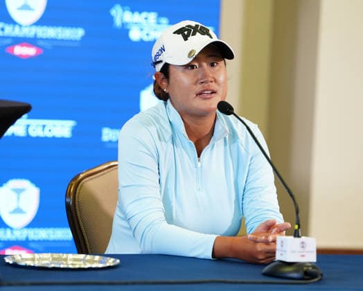 MIDLAND, MI - JUNE 14: PGA, Golf Herren golfer Gina Kim answers questions at a press conference, PK, Pressekonferenz on June 14, 2026, after the final round of the LPGA, Golf Damen Dow Championship at Midland Country Club in Midland, Michigan. (Photo by Brian Spurlock Icon Sportswire) GOLF: JUN 14 LPGA Dow Championship EDITORIAL USE ONLY Icon260614105
