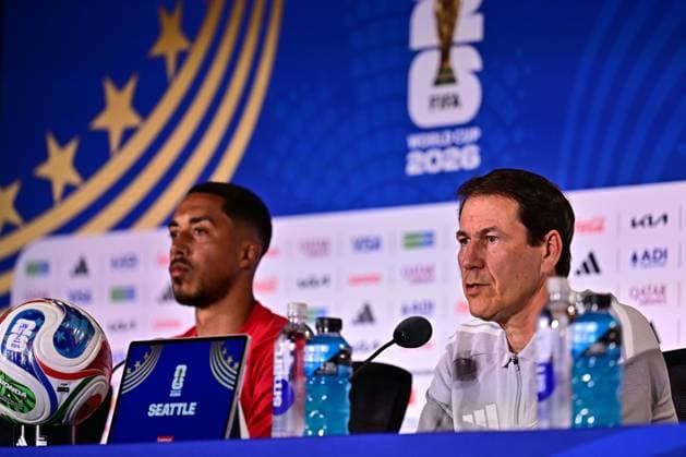 Belgium s Youri Tielemans and Belgium s head coach Rudi Garcia pictured during a press conference, PK, Pressekonferenz of Belgian national soccer team Red Devils, at the basecamp in Seattle, USA on Sunday 14 June 2026, ahead of their first game tomorrow against Egypt at the FIFA World Cup, WM, Weltmeisterschaft, Fussball 2026. DIRKxWAEM  x177670900x