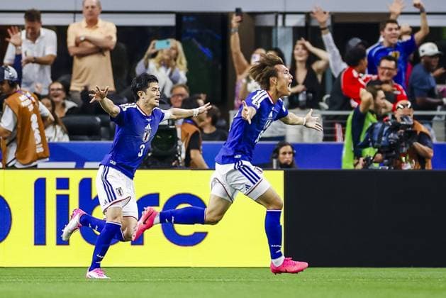 DALLAS, 14-06-2026, Dallas AT&T Stadium, World Cup 2026 Match between Netherlands and Japan. Picture shows Japanese player Koki Ogawa , Japanese player Shogo Taniguchi celebrating the goal. 2-2. Netherlands - Japan (World Cup 2026)  x204366457x Copyright: