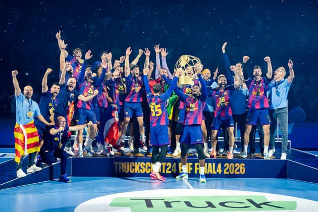 Cologne, 12 05 2026, Handball, Men, EHF Champions League Men 2025 26, Final, FC Barcelona Füchse Berlin Champions League winner FC Barcelona on the podium with trophy