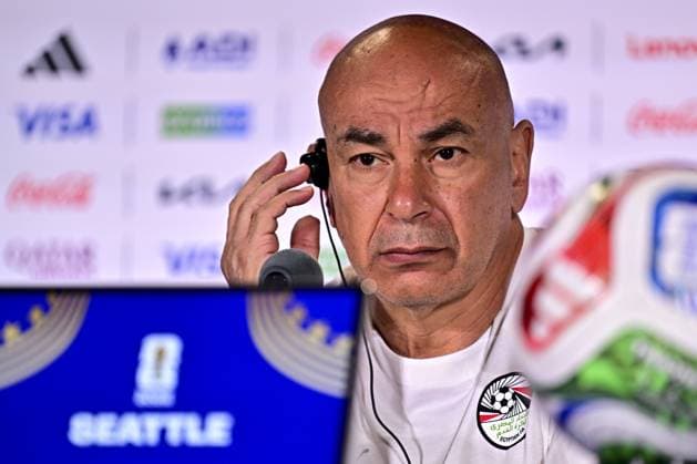 Egypt s head coach Hossam Hassan pictured during a press conference, PK, Pressekonferenz of the Egyptian national soccer team on Sunday 14 June 2026 in Seattle, USA, ahead of their first game tomorrow against Belgian national soccer team Red Devils at the FIFA World Cup, WM, Weltmeisterschaft, Fussball 2026. DIRKxWAEM  x177674935x